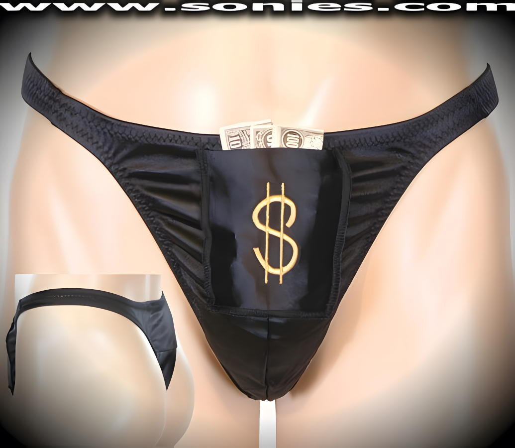 Men's Give Me the Money Honey Stretch Lycra Dance Wear Thong with Unlined Contoured Front Pouch to provide support and room for your package. Eye-Alluring Gold Embroidered Dollar Symbol Front with Fake Money included in Pouch to provoke your audience to Give if they Wish to Receive. This is a thong that stretches to impart a comfortable body-hugging and supportive fit (18% Lycra, 82% Nylon). It pairs boldly with any number of gallant tops. May be worn with black casual shoes or boots to create a phenomenal look. This blistering style is perfect for Life Style Events, Men's Competition Wear, Wrestling Shows, Pride Week, Monthly Play Parties, Fetish Events, Adult Alternative Lifestyle Gatherings, Clubwear, Nightclubs, Dance Clubs, Ladies Night Clubs, Bachelorette Parties, Male Exotic Chippendale Dancers, Girls Night Out Parties and more. Try this popular hot style for yourself today!     Style: UMS-407