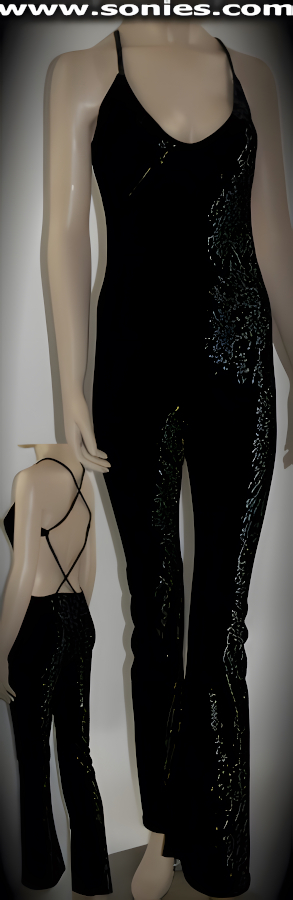 Sophisticated by day and sultry by night in this Lustrous Body Tracing Crushed Ice Stretch Velvet Cat Suit with Slim Straps That Dip To A Dramatic Low Plunge Criss Cross Back. Subtle Flared Leg Detail Finish.   Style: XC30
