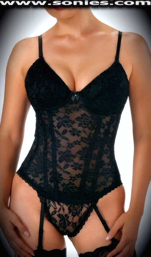 Body-Conscious Dainty Sheer Lace Bustier with All-Around Body Sculpting Boning, Power Stretch Mesh Adjustable Hook and Eye Back Closure. Underwired and Slightly Padded Cups to Urge Breasts Upward to Spill a Bountiful Bustline. Convertible Adjustable Shoulder Straps with Removable Adjustable Garters and Prettied by means of a Satin Bow Cleavage Appliqu� Detail Finish (G-String and Stockings not included).   Style: 601