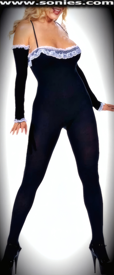 Every Dancer loves to Show Off Their Stunning Figure in this Fabulous Shirley Temple Stretch to Fit Opaque Bodystocking. Designed with Exquisite Contrasting Ruffled White Lace Trim and Includes Complementing Opera Length Fingerless Gloves. Soft Elasticized Spaghetti Shoulder Straps and Convenience Open Crotch that leaves you Uncovered and Free. Made from durable, run-resistant nylon (100% Nylon). Can be worn under most outfits, skirts, dresses, shorts, trousers and looks fabulous with stilettos.   Style: 1116