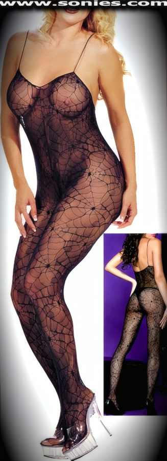 Naughty crossed with nice in this splendid curve hugging, body-revealing Dolores stretch spiderweb lace bodystocking. Soft elasticized spaghetti shoulder straps to ensure a great fit, plus a convenience open crotch that leaves you uncovered and free. Made from durable, run-resistant nylon (100% Nylon, exclusive of trim. Hand wash cold and drip dry. Do not bleach). This versatile bodystocking adores tracing the shape of your body and can be worn under most outfits, skirts, dresses, shorts, trousers and looks fabulous with stilettos and gloves.   Style: 1178
