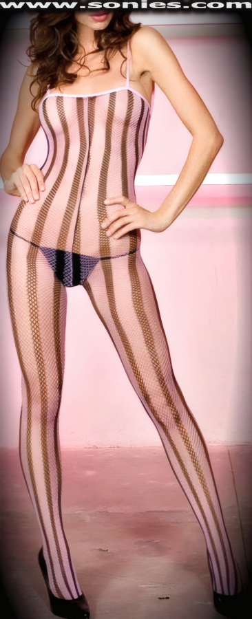 Make it a night to remember as you step out wearing this seductive Aconcagua body revealing stretch Lycra fishnet bodystocking with black contrasting vertical stripes. Soft elasticized spaghetti shoulder straps to ensure a great fit. Convenience open crotch design that leaves you uncovered and free. Made from durable, run-resistant nylon (12% Spandex, 88% Nylon exclusive of trim. Hand wash cold and drip dry. Do not bleach). Can be worn under most outfits, skirts, dresses, shorts, trousers and looks fabulous with stilettos and gloves.   Style: 1902KS