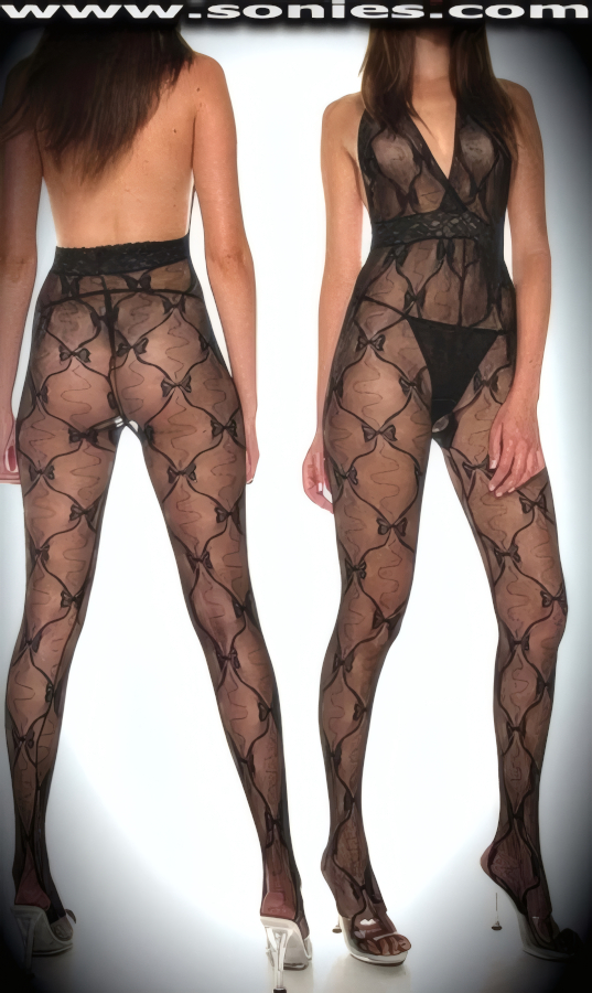 Sexy and alluring in this fabulous Enriqueta stretch bow lace halter style bodystocking with floral lace horizontal pattern inset, that is designed to emphasize the bust and minimize the waist. Crafted with a convenience open crotch that leaves you uncovered and free. Made from durable, run-resistant nylon (100% Nylon, exclusive of trim. Hand wash cold and drip dry. Do not bleach). Can be worn under most outfits, skirts, dresses, shorts, trousers and looks fabulous with stilettos and gloves.   Style: 1931