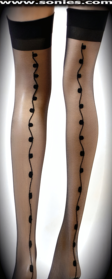 Audaciously Sexy in these Discr�tion Arcturus Sheer Thigh High Stockings with Exquisite Eye-Captivating Motif Design Back Seam Detail Finish. These audacious sheer hold-up thigh high stockings have a sandal foot finish and are sure to make every woman feel glamorous. They have an elasticized top band, which keeps them up reasonably well (100% Nylon). Should be worn in conjunction with your favorite garter belt. This style is suitable for evening wear, day wear, special occasions and club wear.   Style: 22099DIS