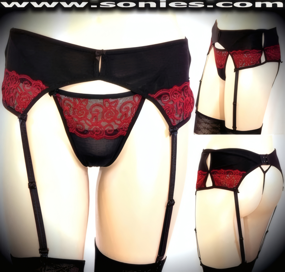 Usted Es Muy Guapa in this magnificent Nylon Lycra stretch garter belt with elegantly embroidered floral design sheer mesh inset, dramatic slit design front and sides and prettied with satin bow appliqu� detailing. Fully adjustable garters, adjustable hook and eye back closure. Complete with complementing embroidered inset G-String panty and lined crotch finally (Stockings not included).   Style: 2542SK