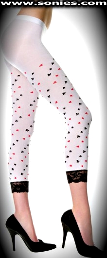 Who can resist you in these fascinating Poker Card suits imprint opaque leggings. Crafted with an elasticized waistband, single seam and scalloped stretch floral lace trim detail finally (100% Nylon, exclusive of trim. Hand wash cold and drip dry. Do not bleach). Adds a fresh new look to your wardrobe. Conforms to your curves for a sleek comfortable fit. This style is suitable for Eveningwear, Daywear, Special Occasions and Club Wear.   Style: 35115