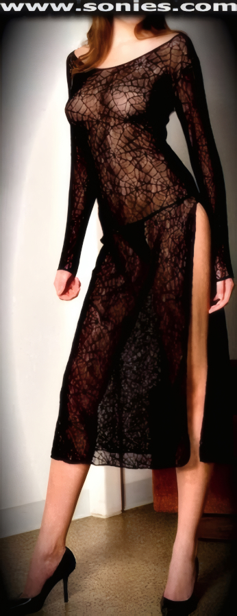 Absolutely Daring and Very Flattering in this Bodacious Ladies Black Widow Spider Web Translucent Stretch Mesh Body Tracing Gown with Low Scoop Neckline, Long Sleeves and Thigh High Side Slit Detail Finish (100% Nylon, exclusive of trim. Hand wash cold and drip dry. Do not bleach). It pairs beautifully with any number of gloves. May be worn with stiletto heel shoes to create a phenomenal look. This style is perfect for stage, life style events, pride week, monthly play parties, fetish events, adult alternative lifestyle gatherings, bachelor parties, club wear, nightclubs, dance clubs and gentleman's clubs.   Style: 3767