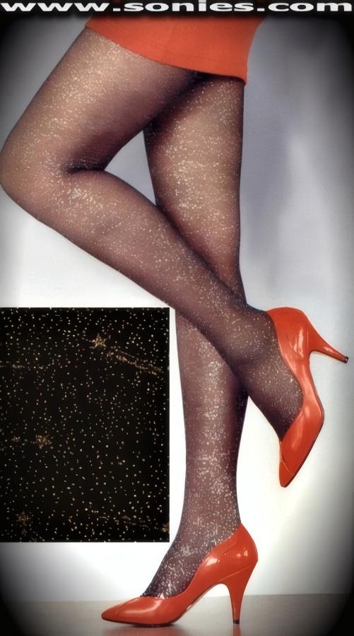 Set your legs a shimmer in these brilliantly sheer stardust pantyhose with flocking gold sparkly shooting stars design (100% Nylon, exclusive of trim. Hand wash cold and drip dry. Do not bleach). Single seam with reinforced toe refinement. These pantyhose are designed without a reinforced panty and no lined gusset, which makes this garment more comfy. Elasticized waistband can be positioned low or high on the hips. Adds a fresh new look to your wardrobe. Conforms to your curves for a sleek comfortable fit. This style is suitable for evening wear, day wear, special occasions and club wear.   Style: 4014GW