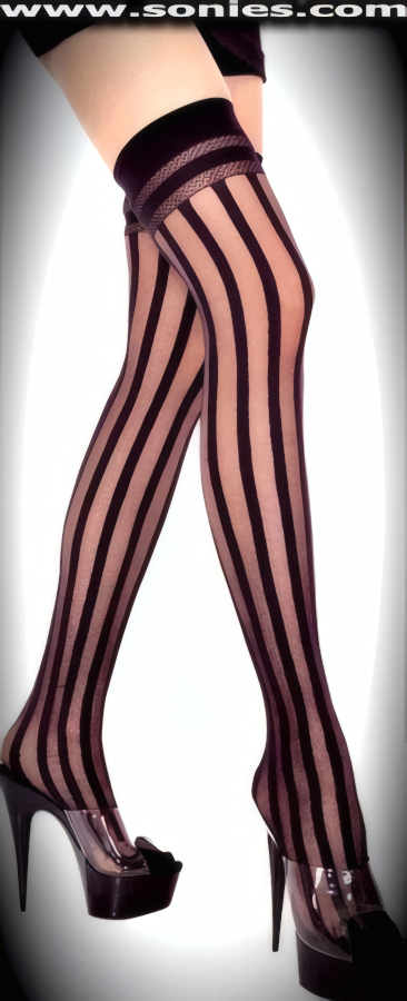 Be Unremittingly Fun Seeking in these Sexy Olympian Sheer and Opaque Striped Thigh High Stockings with Motif Separated Top Bands Detail Finish. These cutting-edge sheer and opaque hold-up thigh high stockings have a sandal foot finish and are sure to make every woman feel lascivious. They have an elasticized opaque top band, which keeps them up reasonably well (100% Nylon). Can be worn in conjunction with your favorite garter belt. This style is suitable for evening wear, day wear, special occasions and club wear.   Style: 4056