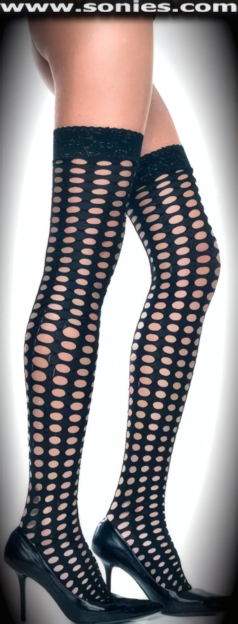 Wild and wonderfully dominating in these sexy Orithyia open hollow stretch Lycra thigh high stockings. These groovy Lycra hold-up thigh high stockings have a sandal foot finish and are sure to make every woman feel glamorous. They have a 1�-inch elasticized scallop floral lace top band, which keeps them up reasonably well (12% Spandex, 88% Nylon). Can be worn in conjunction with your favorite garter belt. This style is suitable for evening wear, day wear, special occasions and club wear.   Style: 4191