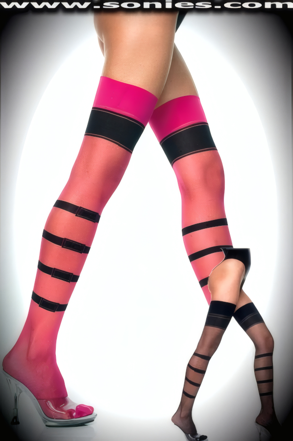 Have a sweet little something on the side? You will when you step out in these stunning Oyu fashion opaque with sheer Lycra thigh high stockings. Eye-captivating horizontal opaque stripes with mock side belts for extra added drama detail finish. These distinct hold-up thigh high stockings have a sandal foot finish and are sure to make every woman feel coquettish. They have an elasticized top band, which keeps them up reasonably well (12% Spandex, 88% Nylon exclusive of trim. Hand wash cold and drip dry. Do not bleach). May be worn with stiletto heel shoes or boots to create a phenomenal look. This style is perfect for stage, life style events, pride week, monthly play parties, fetish events, adult alternative lifestyle gatherings, bachelor parties, club wear, nightclubs, dance clubs and gentleman's clubs.   Style: 4233KS