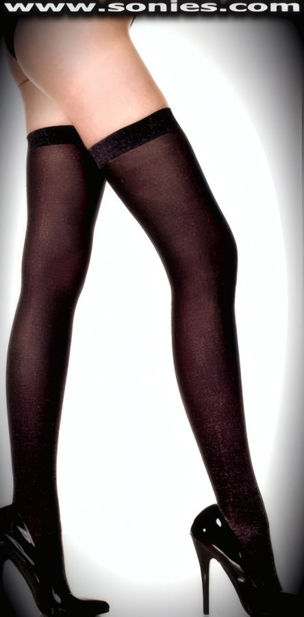 You're Legs will Glitter with Every Step in these Magnificent Semi-Sheer Madame Bovary Shimmer Stretch Lurex Thigh High Stockings. These chic semi-sheer hold-up thigh high stockings are sure to make every woman feel glamorous. These have an elasticized top band, which keeps them up reasonably well (82% Nylon, 10% Metalized, 8% Elastomeric). Can be worn in conjunction with your favorite garter belt. This style is suitable for Eveningwear, Daywear, Special Occasions and Club Wear.   Style: 4400