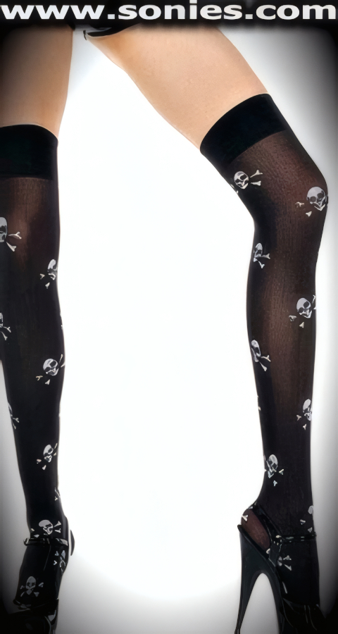 Ahoy, Matey! Stand out from the crowd wearing these fabulous Partridge opaque with white contrasting skull and cross bones thigh high stockings. Worn by women full of grit and gumption. These distinct opaque hold-up thigh high stockings have a sandal foot finish and are sure to make every woman feel coquettish. They have an elasticized top band, which keeps them up reasonably well. Made from durable, run-resistant nylon (100% Nylon). May be worn with stiletto heel shoes or boots to create a phenomenal look. This style is perfect for stage, life style events, pride week, monthly play parties, fetish events, adult alternative lifestyle gatherings, bachelor parties, club wear, nightclubs, dance clubs and gentleman's clubs.   Style: 4520KS