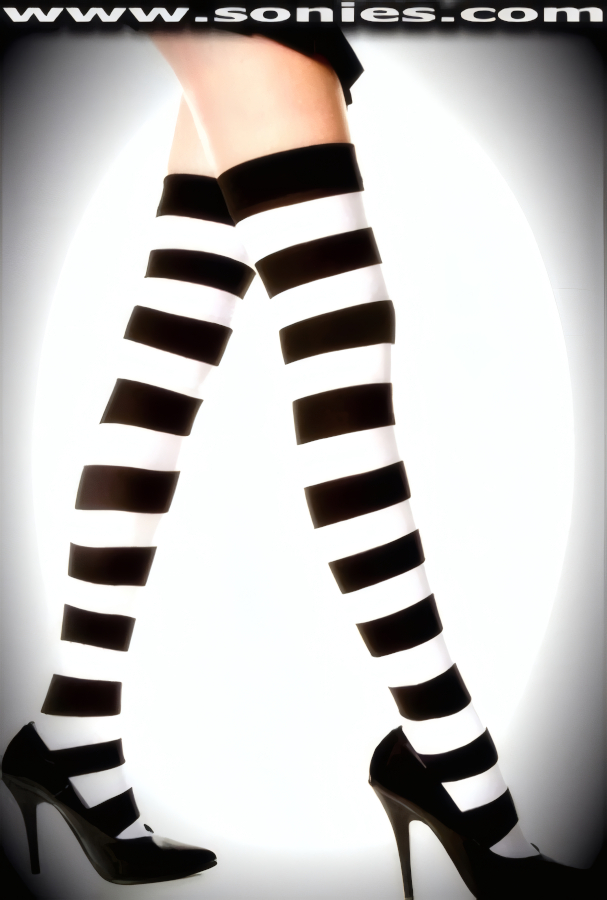 Cast your charms his way when you step out wearing these Oxen of Geryon contrasting opaque horizontally wide striped thigh high stockings. These well-defined opaque hold-up thigh high stockings have a sandal foot finish and are sure to make every woman feel flirtatious. They have an elasticized top band, which keeps them up reasonably well. Made from durable, run-resistant nylon (100% Nylon). May be worn with stiletto heel shoes or boots to create a phenomenal look. This style is perfect for stage, life style events, pride week, monthly play parties, fetish events, adult alternative lifestyle gatherings, bachelor parties, club wear, nightclubs, dance clubs and gentleman's clubs.   Style: 4701KS