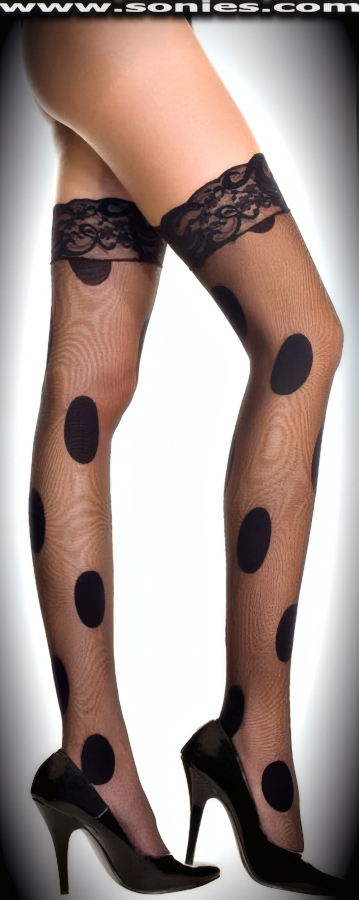 Beautifully engineered sheer and opaque polka dot thigh high Lycra stockings with lace top band. This racy and ravishing fashion sheer Lycra thigh high stockings is crafted with eye-captivating large opaque polka dots for extra added drama, plus have a sandal foot finish. They have a 3-inch wide elasticized scallop floral lace top band to ensure a great fit and to keep them up reasonably well (12% Spandex, 88% Nylon exclusive of trim. Hand wash cold and drip dry. Do not bleach). Can be worn in conjunction with your favorite garter belt, plus stiletto heel shoes or boots to create a phenomenal look. This style is perfect for stage, life style events, pride week, monthly play parties, fetish events, adult alternative lifestyle gatherings, bachelor parties, club wear, nightclubs, dance clubs and gentleman's clubs.   Style: 4711KS