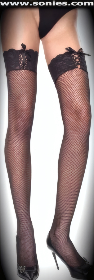 As seen on the Coolest European Run-Ways, our very popular Bravura Stretch Lycra Fishnet Thigh High Stockings. These chic stretch Lycra fishnet hold-up thigh high stockings have a sandal foot finish and are sure to make every woman feel glamorous. They have a 3�-inch wide elasticized floral lace top band plus adjustable satin ribbon bi-directional lace-up to ensure a great fit and to keep them up reasonably well. May be worn reversibly with lacing on front or back to achieve two fabulous visual aspects (12% Spandex, 88% Nylon). Can be worn in conjunction with your favorite garter belt. This style is suitable for evening wear, day wear, special occasions and club wear.    Style: 4980