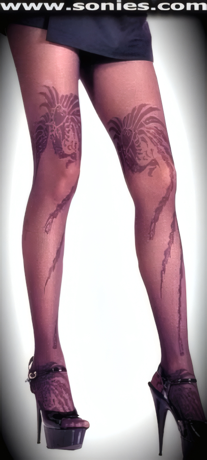 Captivate His Attention by Revealing a little mystery in these Marvelous Phoenix Tattoo Design Fine Stretch Lace Pantyhose. Single seam with sandal foot finally. Adds a fresh new look to your wardrobe. Conforms to your curves for a sleek comfortable fit. This style is suitable for Eveningwear, Daywear, Special Occasions and Club Wear (100% Nylon).   Style: 686T4