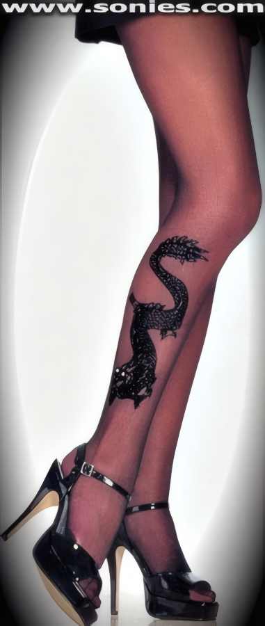 Stand out from the crowd in these magnificent Tro�don sheer pantyhose with vicious dragon tattoo side plus rhinestone eyes detail finish (100% Nylon, exclusive of trim. Hand wash cold and drip dry. Do not bleach). Single seam with reinforced toe refinement. These pantyhose are designed without a reinforced panty and no lined gusset, which makes this garment more comfy. Elasticized waistband can be positioned low or high on the hips. Adds a fresh new look to your wardrobe. Conforms to your curves for a sleek comfortable fit. This style is suitable for evening wear, day wear, special occasions and club wear.   Style: 701R1