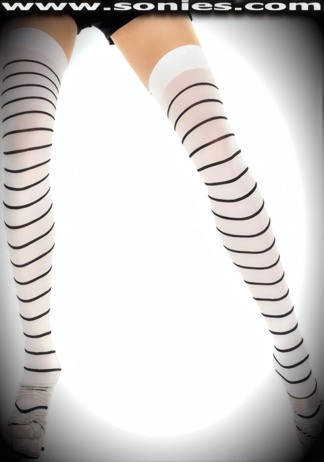 Let Your Audience Sneak a peek in these Flirty Odysseus Striped Opaque Thigh High Stockings. These streetwise opaque hold-up thigh high stockings have a sandal foot finish and are sure to make every woman feel lascivious. They have an elasticized top band, which keeps them up reasonably well (100% Nylon). Can be worn in conjunction with your favorite garter belt. This style is suitable for evening wear, day wear, special occasions and club wear.   Style: 747-24