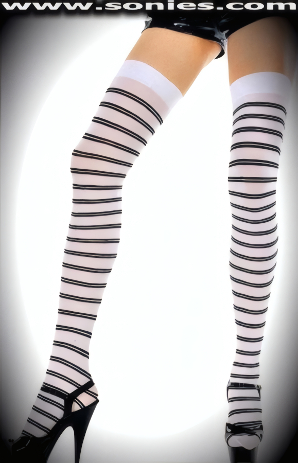 Elegant by day and Sizzling by night in in these delicious Odyssey Double Striped Opaque Thigh High Stockings. These with-it opaque hold-up thigh high stockings have a sandal foot finish and are sure to make every woman feel lascivious. They have an elasticized top band, which keeps them up reasonably well (100% Nylon). Can be worn in conjunction with your favorite garter belt. This style is suitable for evening wear, day wear, special occasions and club wear.   Style: 747-25