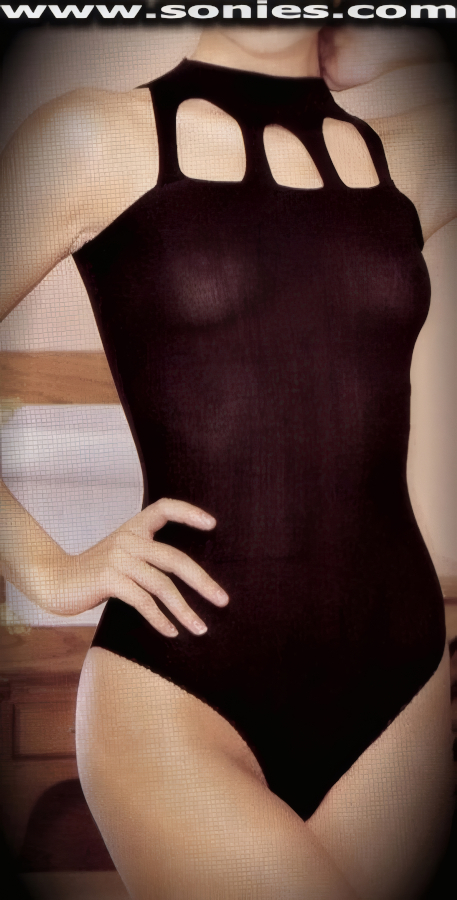 Shaping a statement in this brilliant Thebes ladies pull-on opaque body suit with dramatic skin baring neckline, Brazil back bottom, lined crotch plus snaps beneath for off and on ease (100% Nylon). This style is perfect as a risqu� top for dance wear and can be worn with jeans, skirts, shorts, and trousers. It is superb as an indispensable cover-up for costumes. Only your imagination can limit the uses for this versatile garment. Made from durable, run-resistant nylon. May be worn with stiletto heel shoes or boots to create a phenomenal look.   Style: 747T52