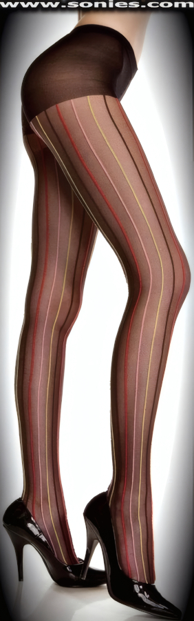 Be a scorching hot loving flirt wearing these magnificently engineered sheer pantyhose with titillating vertical multicolor stripes. These stylish stretch pantyhose have a single seam and sandal foot refinement (100% Nylon, exclusive of findings. Hand wash cold and drip dry. Do not bleach). These pantyhose are designed without a reinforced panty and no lined gusset, which makes this garment more comfy. Elasticized waistband can be positioned low or high on the hips. Adds a fresh new look to your wardrobe. Conforms to your curves for a sleek comfortable fit. This style is suitable for evening wear, day wear, special occasions and club wear.   Style: 7566KS