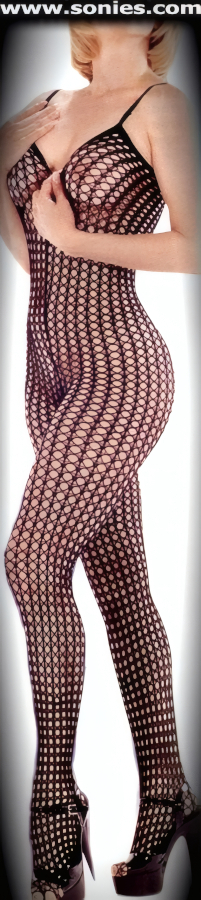 Steal the spotlight as you indulge yourself in this magnificently seductive Doncia open weave designed bodystocking. Superbly translucent with soft elasticized spaghetti shoulder straps to ensure a great fit, plus a convenience open crotch that leaves you uncovered and free. Made from durable, run-resistant nylon (100% Nylon, exclusive of trim. Hand wash cold and drip dry. Do not bleach). This versatile bodystocking adores tracing the shape of your body and can be worn under most outfits, skirts, dresses, shorts, trousers and looks fabulous with stilettos and gloves.   Style: 9021BS28H
