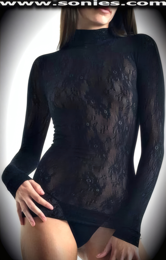 Dress overconfidently wearing this magnificent translucent stretch rose lace top with scalloped lace turtle neck and cuffs detail finish (100% Nylon, exclusive of trim. Hand wash cold and drip dry. Do not bleach). It pairs beautifully with any number of bottoms such as skirts, hot pants, thongs or G-Strings. This style is suitable for evening wear, day wear, special occasions and club wear.   Style: 9291