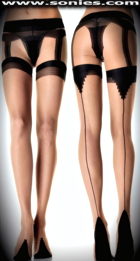 Audaciously sexy in these extraordinary Waterhouse ladies sheer and opaque fashion Lycra all-in-one pantyhose. Eye-captivating mock garter belt top, thong panty, attached Cuban heel thigh high stockings and racy back seam detail finish (15% Spandex, 85% Nylon exclusive of trim. Hand wash cold and drip dry, no bleach). Single seam with sandal foot finally. These Lycra pantyhose are designed without a reinforced panty and no lined gusset, which makes this garment more comfy. Elasticized waistband can be positioned low or high on the hips. Adds a fresh new look to your wardrobe. Conforms to your curves for a sleek comfortable fit. This style is suitable for evening wear, day wear, special occasions and club wear.   Style: HOQ-1297