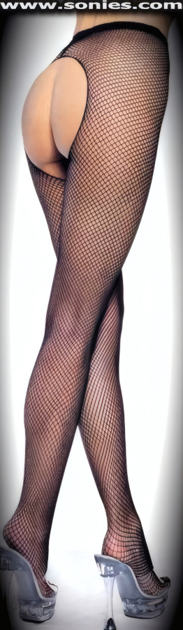 Your sure to light his fire in these sensuously revealing plus size Diane crotchless fishnet pantyhose. These magnificent stretch fishnet pantyhose are designed with a convenient open crotch that leaves you uncovered and free, plus they have a sandal foot finish. Elasticized waistband can be positioned low or high on the hips (100% Nylon, exclusive of trim. Hand wash cold and drip dry. Do not bleach). This style is suitable for Eveningwear, Daywear, Special Occasions and Club Wear.   Style: HOQ-1404Q