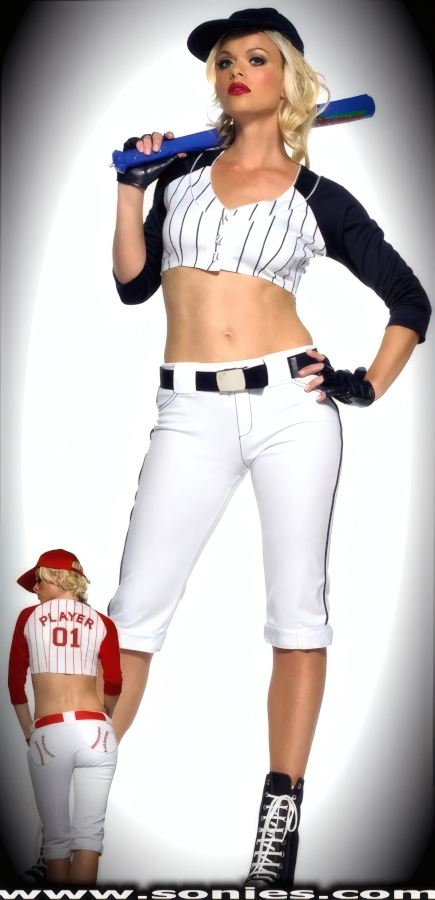 A seductive style with maximum sex appeal is this six piece Mathilde Star baseball player costume set. Includes a stunning jersey style crop top with baseball accented front buttons closure; Capri pants with functional back pockets that have baseball accents on the back, five belt looper's and adjustable Velcro leg cuffs; blue vinyl fingerless gloves with Velcro closure; blue waist-belt with silver buckle; blue baseball cap, and inflatable baseball bat to complete this magnificent vesture (10% Lycra, 90% Nylon exclusive of trim. Hand wash cold and drip dry). May be worn with stiletto heel shoes or boots to create a phenomenal look. This style is perfect for stage, life style events, pride week, monthly play parties, fetish events, adult alternative lifestyle gatherings, bachelor parties and gentleman's clubs.   Style: HOQ-53063