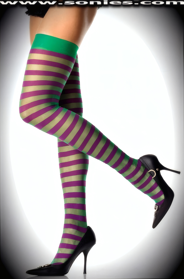 A chic exotic look that longs to be noticed in these Amina fashion sheer with opaque striped thigh high stockings. These thigh high stockings are sure to make every woman feel glamorous. They have an elasticized top band, which keeps them up reasonably well (100% Nylon, exclusive of trim. Hand wash cold and drip dry. Do not bleach). May be worn with stiletto heel shoes or boots to create a phenomenal look. This style is perfect for stage, life style events, pride week, monthly play parties, fetish events, adult alternative lifestyle gatherings, bachelor parties, club wear, nightclubs, dance clubs and gentleman's clubs.   Style: HOQ-6002