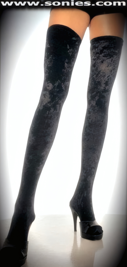 You're sure to Get All the Whistles when You Strut in these Magnificent and Luxurious Oresteia Stretch Crushed Velvet Thigh High Stockings. These phenomenal Lycra hold-up thigh high stockings have a sandal foot finish and are sure to make every woman feel glamorous. They have an elasticized top band, which keeps them up reasonably well (20% Spandex, 80% Nylon). Can be worn in conjunction with your favorite garter belt. This style is suitable for evening wear, day wear, special occasions and club wear.   Style: HOQ-6212