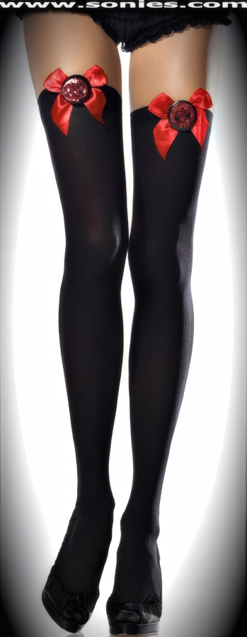 See what treasures the night holds wearing these sexy Dame fashion opaque thigh high stockings with large red satin bow appliqu� top, plus black circular vinyl attractiveness and exquisitely handcrafted red sequin skull detailing. These thigh high stockings are sure to make every woman feel glamorous. They have an elasticized top band, which keeps them up reasonably well (100% Nylon, exclusive of trim. Hand wash cold and drip dry. Do not bleach). May be worn with stiletto heel shoes or boots to create a phenomenal look. This style is perfect for stage, life style events, pride week, monthly play parties, fetish events, adult alternative lifestyle gatherings, bachelor parties, club wear, nightclubs, dance clubs and gentleman's clubs.   Style: HOQ-6249