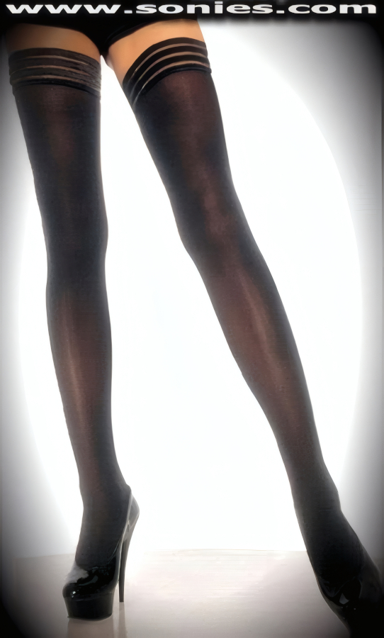 Ditch your plain hosiery and dare to be dazzling on your next date night wearing these courageously stunning plus size Nephele opaque stretch Lycra stay-up thigh high stockings. These snazzy opaque thigh high stockings can be worn with or without garters. They have a sandal foot finish and chic 4 band sure grip striped top bands plus two silicone strips to keep them up. Experience the decadence and luxury of these Lycra stockings on your legs (12% Spandex, 88% Nylon exclusive of trim. Hand wash cold and drip dry. Do not bleach). Can be worn in conjunction with your favorite Garter Belt. These make a perfect accompaniment to a Bridal ensemble, as well as for any special occasion.   Style: HOQ-6285Q