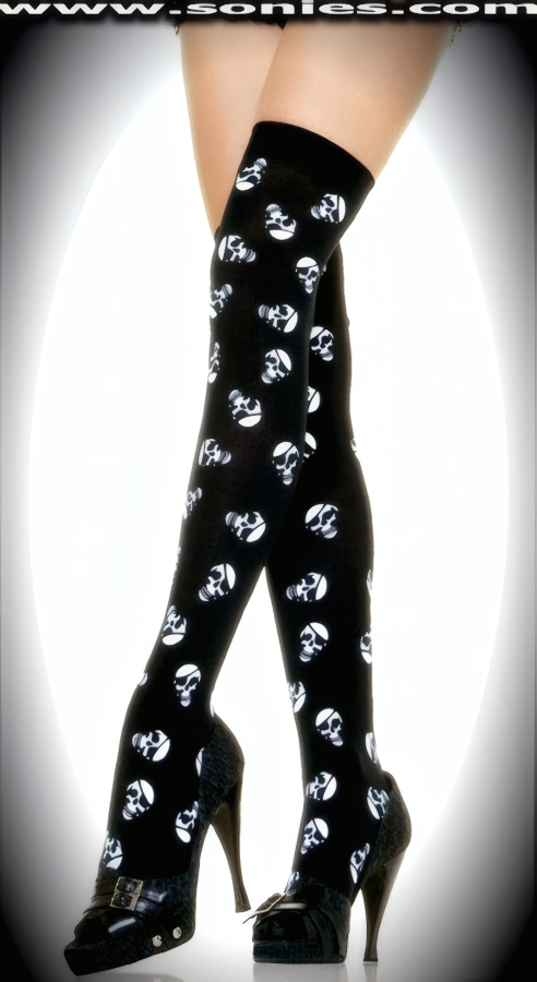 Obtain all the glances wearing these magnificent Chichinautzin fashion opaque thigh high stockings with eye-captivating white pirate skull print. These thigh high stockings are sure to make every woman feel glamorous. They have an elasticized top band, which keeps them up reasonably well (100% Nylon exclusive of trim. Hand wash cold and drip dry. Do not bleach). May be worn with stiletto heel shoes or boots to create a phenomenal look. This style is perfect for stage, life style events, pride week, monthly play parties, fetish events, adult alternative lifestyle gatherings, bachelor parties, club wear, nightclubs, dance clubs and gentleman's clubs.   Style: HOQ-6670