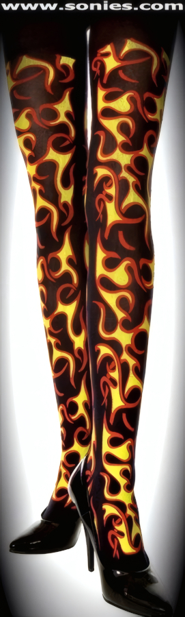 Keep your cool in these passionately sensational Sorcerer queen flame print stretch opaque tights (100% Nylon). Single seam with sandal foot finally. These tights are designed without a reinforced panty and no lined gusset, which makes this garment more comfy. Elasticized waistband can be positioned low or high on the hips. Adds a fresh new look to your wardrobe. Conforms to your curves for a sleek comfortable fit. This style is perfect for stage, life style events, pride week, monthly play parties, fetish events, adult alternative lifestyle gatherings, bachelor parties, club wear, nightclubs, dance clubs and gentleman's clubs.   Style: HOQ-7203