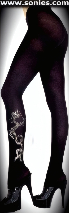 Sin-Sational in these Fabulous Stretch Fashion Opaque Tights with Dramatic Porosus Laser Dragon Hologram Imprint on Single Leg and Sandal Foot Detail Finish. These tights are designed without a reinforced panty and no lined gusset, which makes this garment more comfy. Conforms to your curves for a sleek comfortable fit. This style is suitable for Eveningwear, Daywear, Special Occasions and Club Wear (100% Nylon).   Style: HOQ-7205