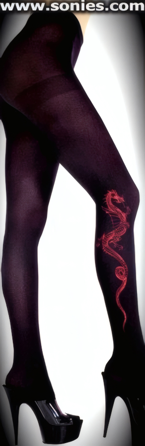 Awesome, in these Fashion Opaque Tights with Eye-Captivating Red Ino Dragon Imprint on Both Legs and Sandal Foot Detail Finish. These tights are designed without a reinforced panty and no lined gusset, which makes this garment more comfy. Conforms to your curves for a sleek comfortable fit. This style is suitable for Eveningwear, Daywear, Special Occasions and Club Wear (100% Nylon).   Style: HOQ-7901
