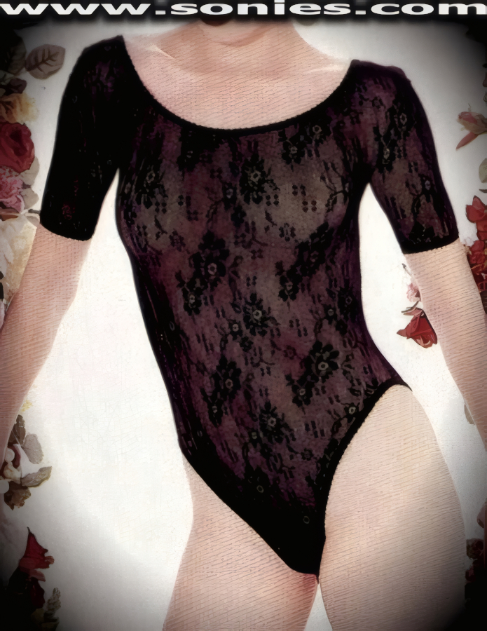 Tantalizingly sheer Teucrians stretch floral lace short sleeved body suit. Scoop neckline with snaps beneath for off and on ease, plus lined crotch and Brazil back bottom (100% Nylon). This style is perfect as a risqu� top for dance wear and can be worn with jeans, skirts, shorts, and trousers. It is superb as an indispensable cover-up for costumes. Only your imagination can limit the uses for this versatile garment. Made from durable, run-resistant nylon. May be worn with stiletto heel shoes or boots to create a phenomenal look.   Style: HOQ-8109