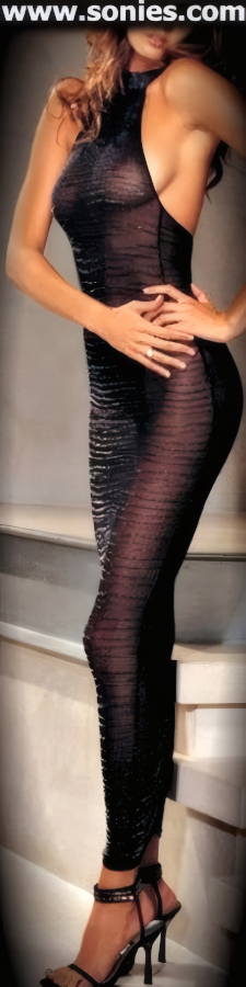 Exude sexy radiance in this unforgettable Gallia center stage body-revealing glimmer stretch lurex pull-on halter style long dress. Breathtakingly semi-sheer design with tiger striped glitter lurex detailing, dual strap tie neck closure for off and on ease finally (35% Lurex, 65% Nylon). It pairs beautifully with any number of gloves. May be worn with stiletto heel shoes to create a phenomenal look. This style is perfect for stage, life style events, pride week, monthly play parties, fetish events, adult alternative lifestyle gatherings, bachelor parties, club wear, nightclubs, dance clubs and gentleman's clubs.   STYLE: HOQ-8211