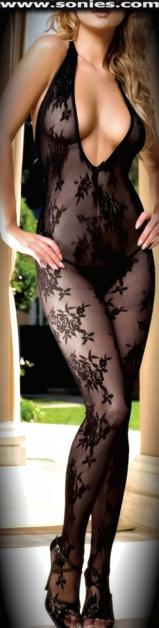 Ethereal and so enticing in this Peleus beautifully detailed Rose bouquet stretch lace halter style bodystocking with deep V-neckline and Convenience Open Crotch that leaves you Uncovered and Free. Made from durable, run-resistant nylon (100% Nylon, exclusive of trim. Hand wash cold and drip dry. Do not bleach). This audacious bodystocking adores tracing the shape of your body and can be worn under most outfits, skirts, dresses, shorts, trousers and looks fabulous with stilettos and gloves.   Style: HOQ-8431