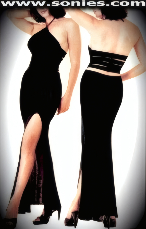An all-out alluring and well-sculpted yet daring stretch slinky Lycra bare back halter style long pull-on gown. Tie Neck Closure for off and on ease. Dramatic Strappy Back and Eye-Captivating Thigh High Side Slit Finally (12% Spandex, 88% Nylon). It pairs beautifully with any number of gloves. May be worn with stiletto heel shoes to create a phenomenal look. This style is perfect for stage, bedroom performance, life style events, pride week, monthly play parties, fetish events, adult alternative lifestyle gatherings, bachelor parties, club wear, nightclubs, dance clubs and gentleman's clubs.   STYLE: HOQ-8527