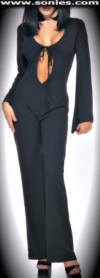 Play the Seductress with Guaranteed Success in Our Kakuhihewa Stretch Lycra Cat Suit. Long Flair Sleeves with Deep Scoop Neckline, Tie Front, Keyhole Detailing and Subtle Flared Hem Finish (Spandex/Nylon).   Style: HOQ-8537