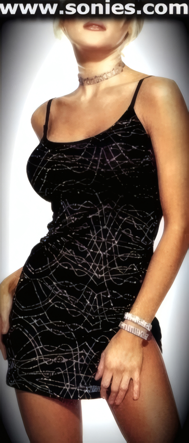 Turn every head at any party in this sexy Markham slinky stretch Lycra with glitter silver swirl print curve-hugging low scoop neckline mini dress. Adjustable soft satin elasticized shoulder straps to ensure a great fit with side leg slit detail finish (12% Lycra, 88% Nylon). It pairs beautifully with any number of gloves. May be worn with stiletto heel shoes to create a phenomenal look. This style is perfect for stage, life style events, monthly play parties, fetish events, adult alternative lifestyle gatherings, bachelor parties, club wear, nightclubs, dance clubs and gentleman's clubs.   Style: HOQ-8538