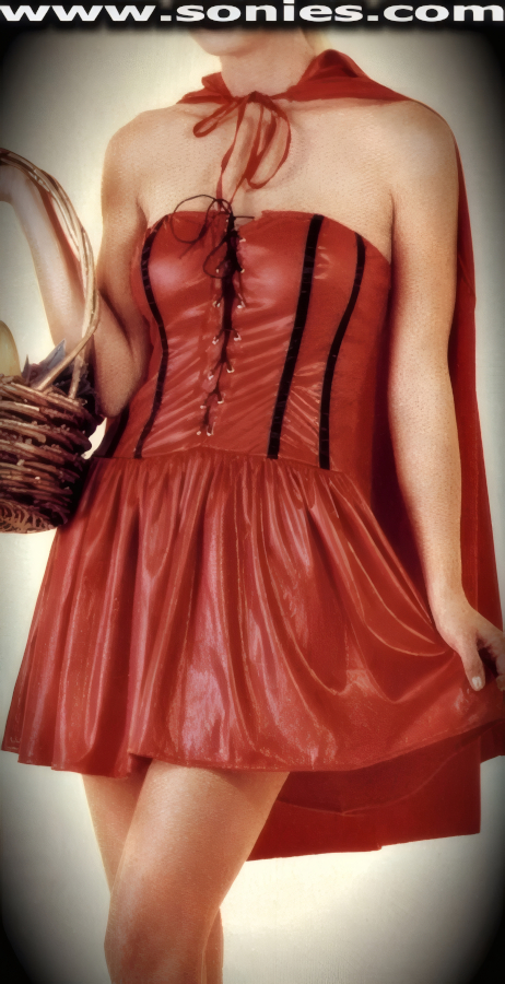 Two Piece Sweet and Sassy Little Red Riding Hood Set. Lace-Up Front Tube Mini Dress with Zip-Up Close Back, Flippy Gathered Base and Matching Hooded Tie Neck Cape (100% Poly).   Style: HOQ-8590