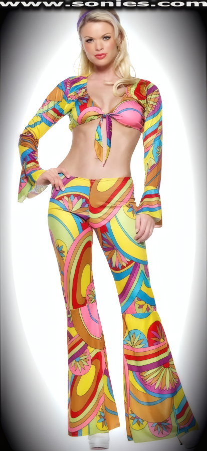 You'll cause a commotion in this magnificent Sarauniya two piece fun and funky retro print bell bottom pants and tie front crop top set. A great beach set too and the top looks fabulous with jeans (20% Lycra, 80% Nylon). It pairs beautifully with any number of risqu� gloves. May be worn with stiletto heel shoes or boots to create a phenomenal look. This style is perfect for stage, life style events, pride week, monthly play parties, fetish events, adult alternative lifestyle gatherings, bachelor parties, club wear, nightclubs, dance clubs and gentleman's clubs.   Style: HOQ-8649