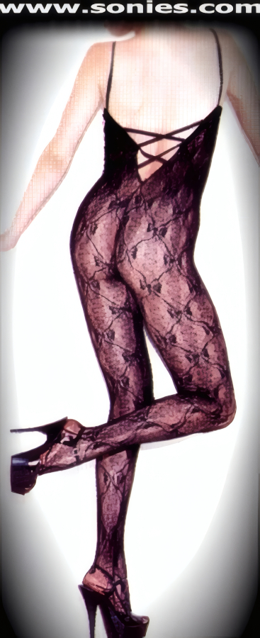Ooh So Sexy and Body-Revealing in this Fabulous Stretch Bow Lace Bodystocking with Floral Lace Horizontal Pattern that is designed to Emphasize the Bust and Minimize the Waist. Criss-Cross Accent Low Scoop Back with Soft Elasticized Spaghetti Shoulder Straps and Convenience Open Crotch that leaves you Uncovered and Free. Made from durable, run-resistant nylon (100% Nylon). Can be worn under most outfits, skirts, dresses, shorts, trousers and looks fabulous with stilettos and gloves.  Style: HOQ-8681