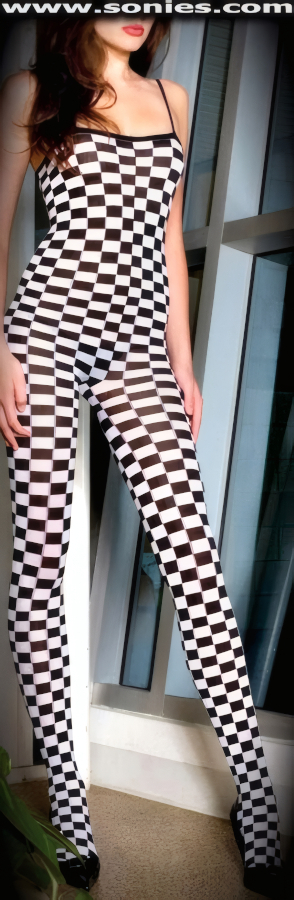 Sensuous and Magnificent in this Semi-Opaque Body Hugging Checker Board Bodystocking. Soft Elasticized Spaghetti Shoulder Straps and Convenience Open Crotch that leaves you Uncovered and Free. Made from durable, run-resistant nylon (60% Polyester, 40% Nylon). This versatile bodystocking adores tracing the shape of your body and can be worn under most outfits, skirts, dresses, shorts, trousers and looks fabulous with stilettos and gloves.   Style: HOQ-8715