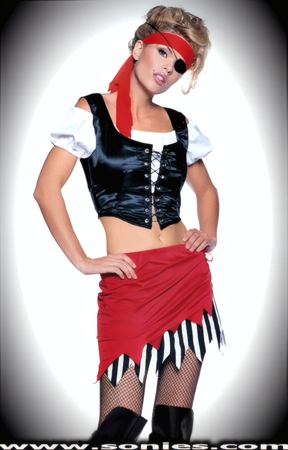 Burning hot is what you are in this magnificent Amonette five piece pirate costume. Includes red headband; black eye-patch with elasticized band; slinky Lycra off-the-shoulders peasant crop top; black satin corselette with hand applied metal eyelets on the front to create an impressive look and for durability, plus irresistibly enticing bi-directional lacing that make this top a truly body conforming fit, and matching asymmetrical serrated hem pull-on slinky Lycra skirt with red satin ribbon tie-up side finally (15% Lycra, 85% Nylon exclusive of trim. Hand wash cold and drip dry, no bleach). May be worn with stiletto heel shoes or boots to create a phenomenal look. This style is perfect for stage, life style events, pride week, monthly play parties, fetish events, adult alternative lifestyle gatherings, bachelor parties and gentleman's clubs.   Style: HOQ-8982